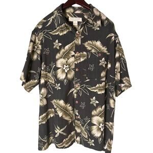 Island Republic Silk Hawaiian Short Sleeve Shirt Large Black Floral Pattern